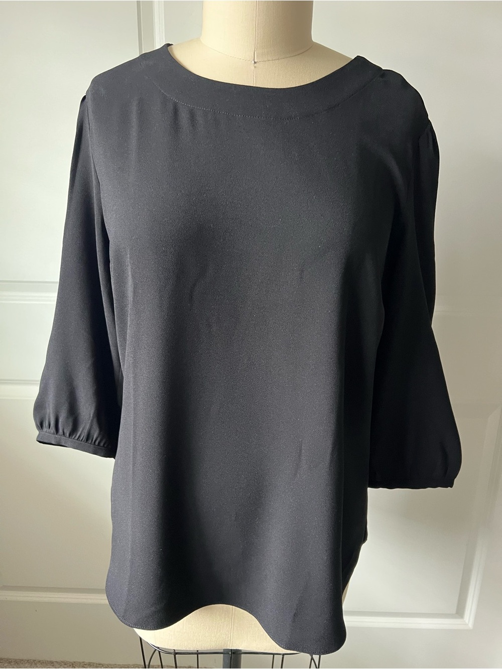 NWOT Ann Taylor Black Round-Neck Blouse with Three-Quarter Sleeves